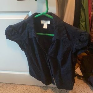 Black eyelet short sleeve button down blouse